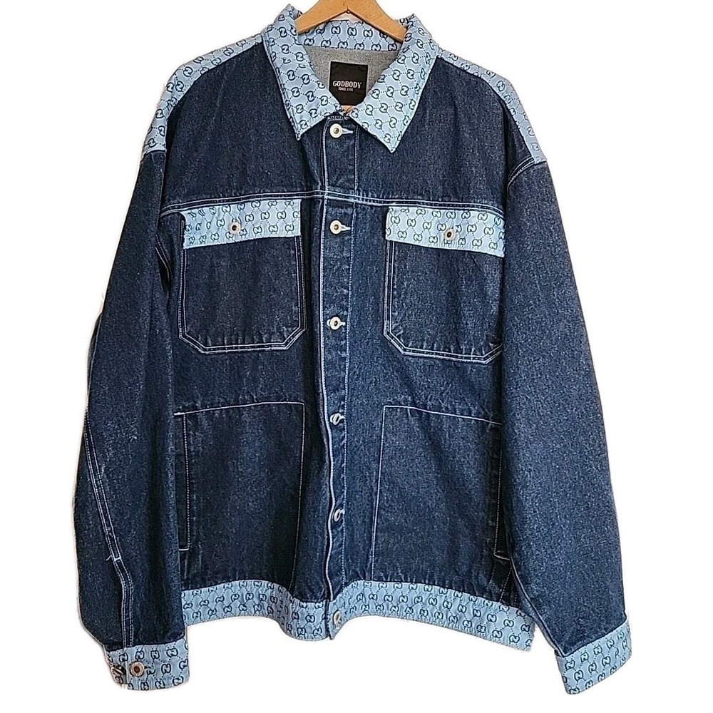 VTG GodBody Streetwear Men's 3XL Blue‎ Denim Jacket Y2K Rare Monogram GG Hip Hop